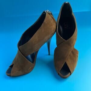 Barneys Co-Op Women's Brown Cross Strap Suede Heels Shoes Size 7.5